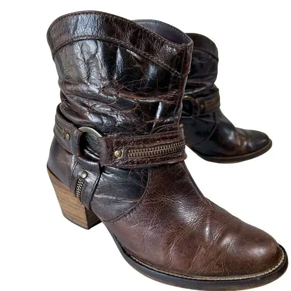 Vintage Leather Western Rodeo Slouchy Ankle Boots Harness Boho Cowgirl 7M - Picture 10 of 11